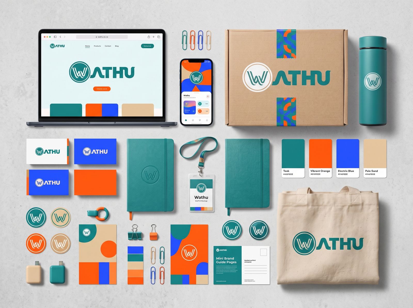 Wathu brand identity applied to stationery, packaging, devices and merchandise